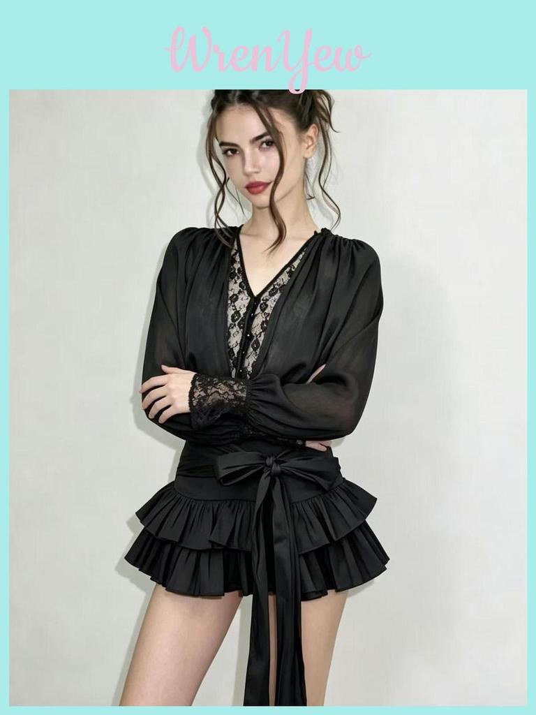 Chancloi Vietnam Fashion Long Sleeve Waist Tie Flared Mini Skirt For Youth