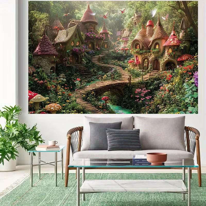 2D Magical Fairy Village Backdrop with Mushroom Houses for Kids Photography Background