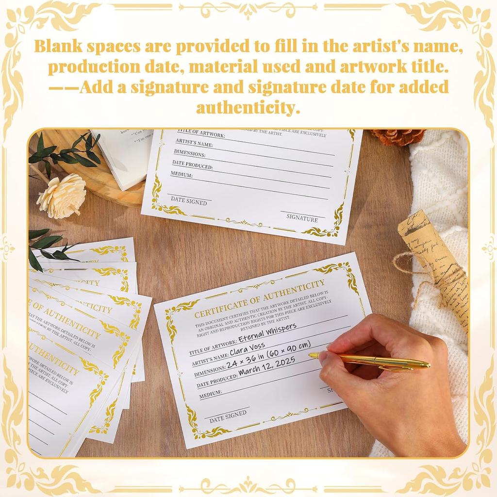 24 Pieces 5 x 7 Inch Certificate of Authenticity Gold Foil Premium Certificates for Valuations Collectibles and Artwork Gifts for Artists Artisans