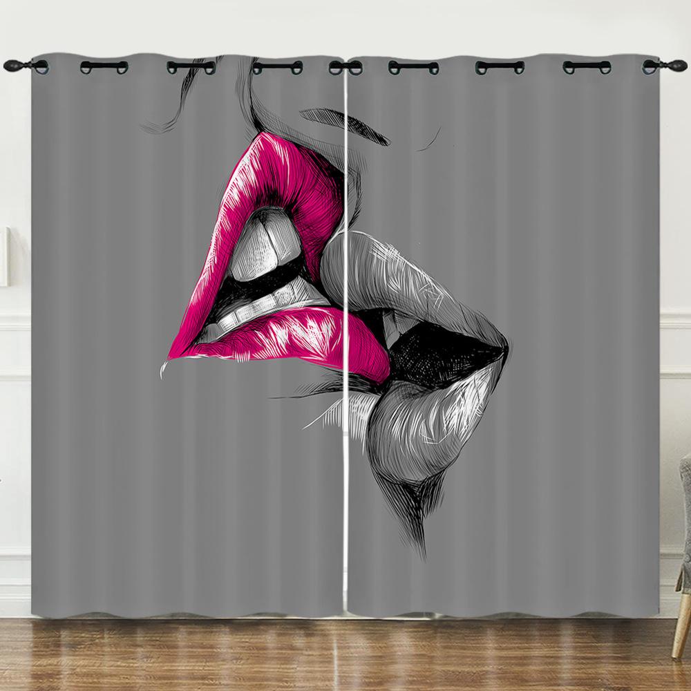 Curtains Sexy Lips Red Lips Oil Painting 3D Digital Printing Blackout Curtain Punching