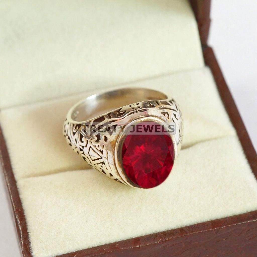 Ruby Oval Cut Gemstone With 925 Sterling Silver Ring For Men's #B515 JL375684085934
