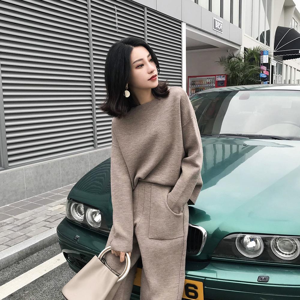 Женский вязаный свитер из двух предметов, зимний спортивный костюм, весенне-осенний модный ШИКАРНЫЙ кофта, верхняя одежда, брючный костюм, женский