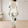 Women Plus Size Abstract Printed Front Zip Long Sleeve Longline Top And Fitted Pants Two Piece Set