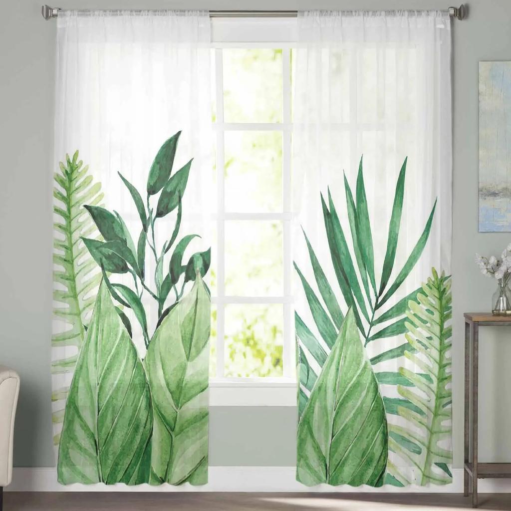 Летние зеленые тропические растения листья шифоновые прозрачные шторы для гостиной спальни украшения дома оконная вуаль тюлевая занавеска