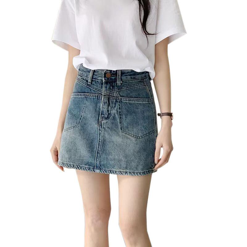 Юбка винтажная короткая, молодежная, стройнящая, А-силуэт, повседневные карманы, разрез, облегающая, до середины тела, ультракороткая юбка, женская летняя модная джинсовая короткая юбка