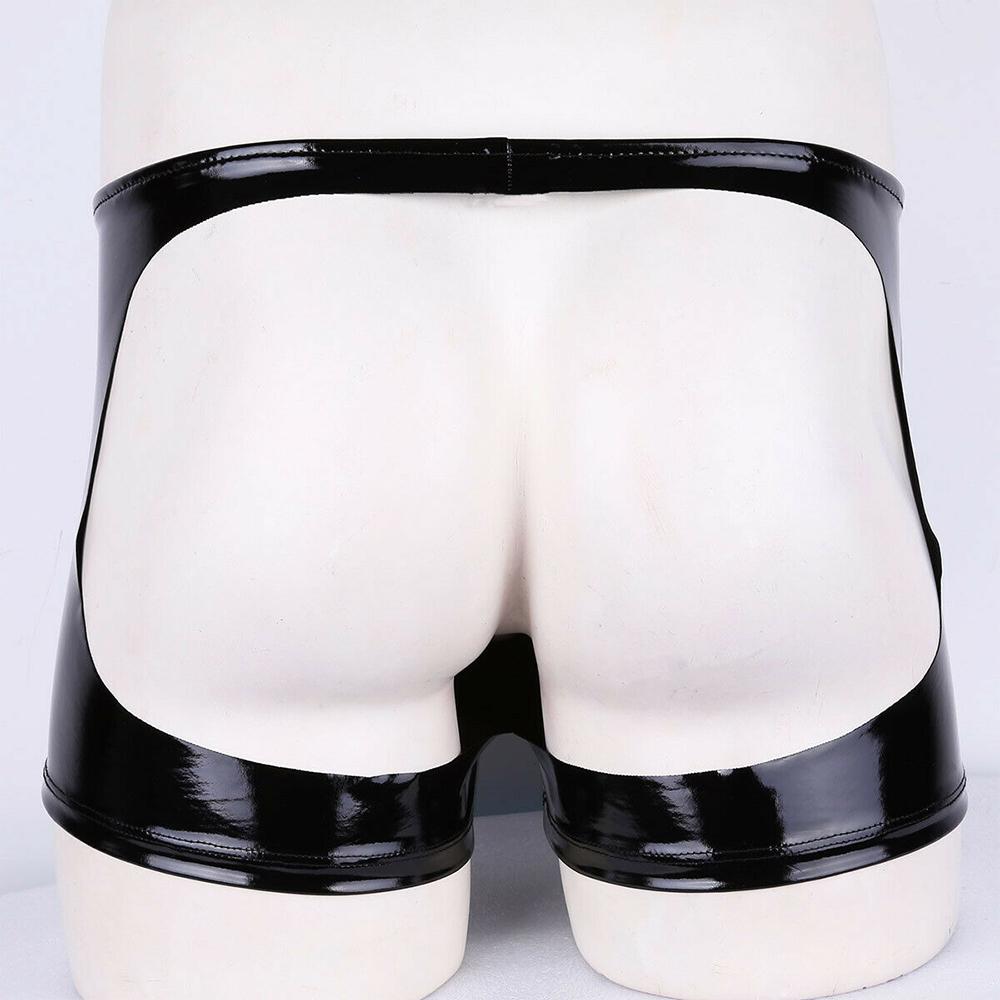 Mens PVC Zip Pouch Backless Briefs Wet Look Lingerie Trunks Shorts Gay Male Funny Open Back Jockstrap Open Butt Panties