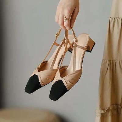 Модные весенние туфли на среднем каблуке, женские туфли-лодочки, офисные туфли с неглубокой пяткой, небольшой квадратный носок, ремешок на щиколотке, черный, хаки, прямые поставки