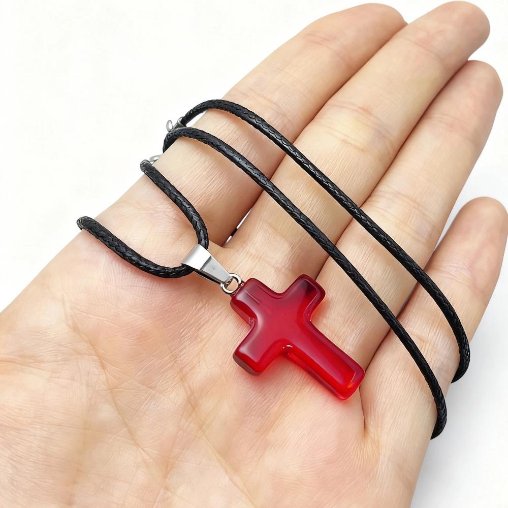 Y2K Red Glass Cross Pendant Rope Chain Necklace For Women Men  Aesthetic Jewelry Accessories