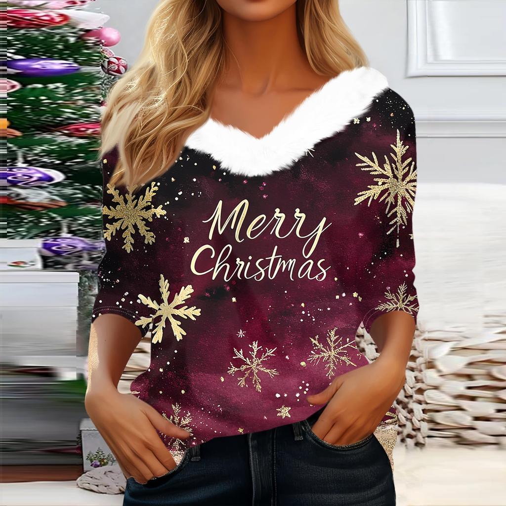 Рубашки с рукавом 3/4 для женщин, рождественские футболки с графическим принтом, блузки, повседневные базовые топы на пуговицах больших размеров, пуловеры
