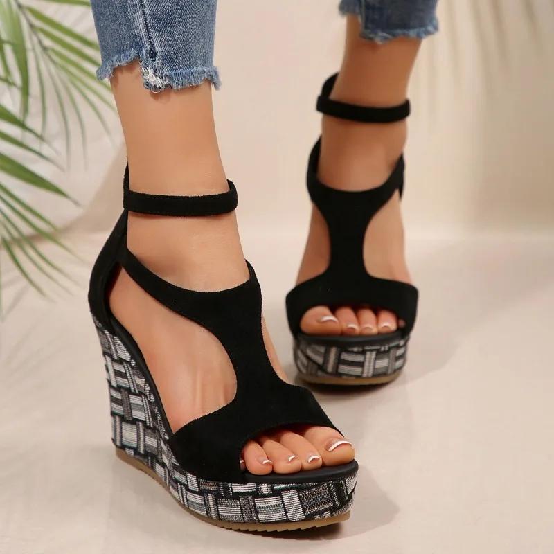 2025 Летние женские босоножки на танкетке с толстой подошвой и открытым носком, на высоком каблуке, большого размера, удобные туфли на платформе