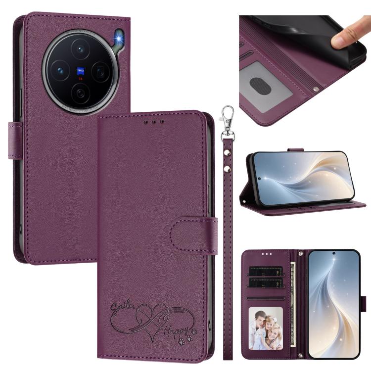 Happy Heart Pattern Magnetic Closure Vegan Leather Phone Case With Wrist Strap For vivo X200 FE