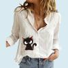 Women Fashion Buttoned Long Sleeve Shirt Ladies Casual Thin Cotton Linen Top Cat Print Long Sleeve Blouse