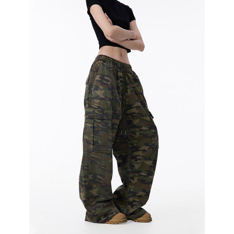 Black of Exit American Retro Camouflage Pocket Cargo Pants Unisex Loose Wide-Leg Slimming Casual Pants Trendy