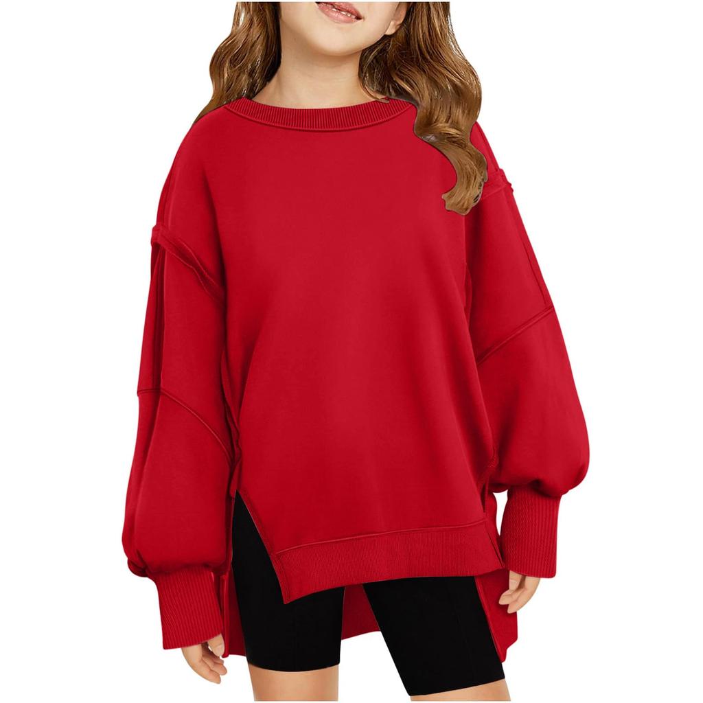 Children's Oversized Pullover Sweatshirt Girls' Round Neck Split-Front Solid Color Hoodie