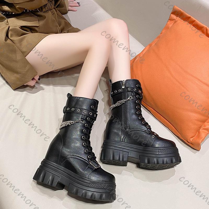 Fashion Comemore Thick Bottom Knight Boots Fashion Chunky High Heeled Women Shoes Wedge Buckle Rivet Platform Motorcycle Ankle Boots