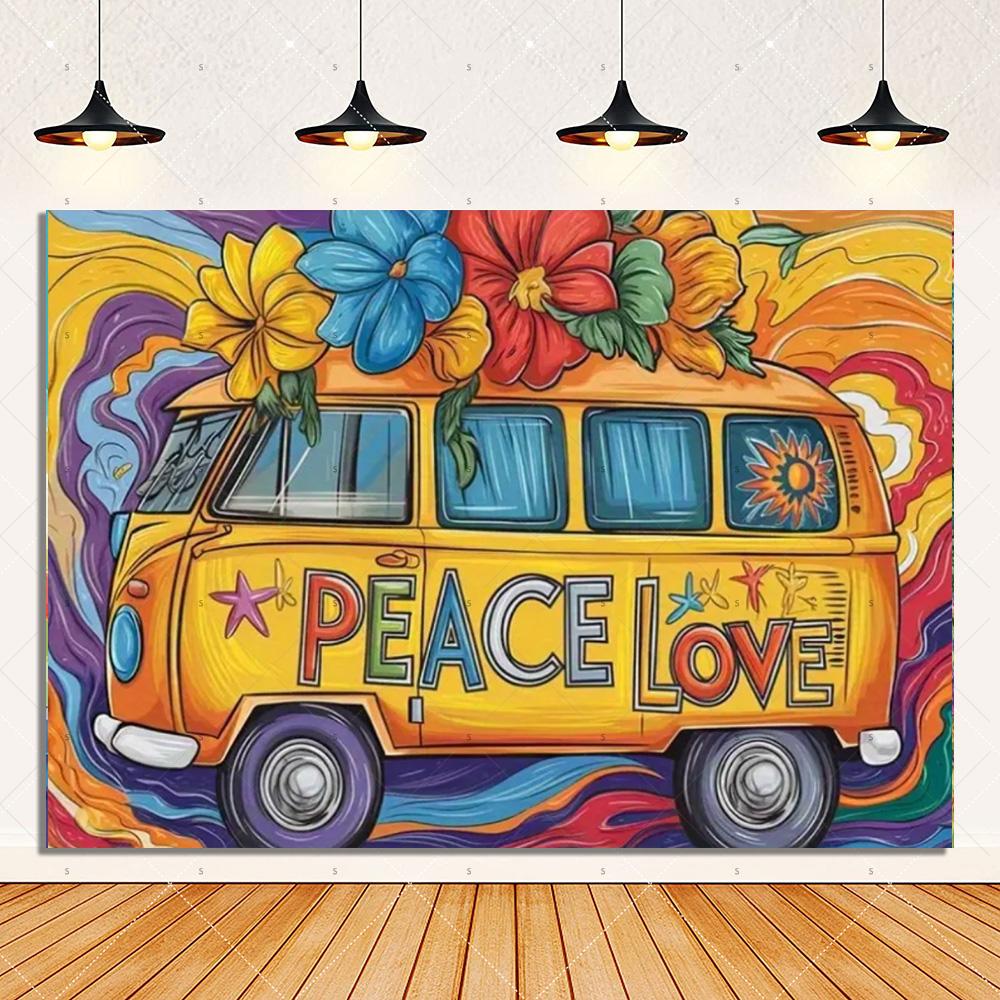 Colorful Hippie Bus Background Banner Bohemian Style Theme Backdrop Supplies Love And Peace Party Decorations Photography Props