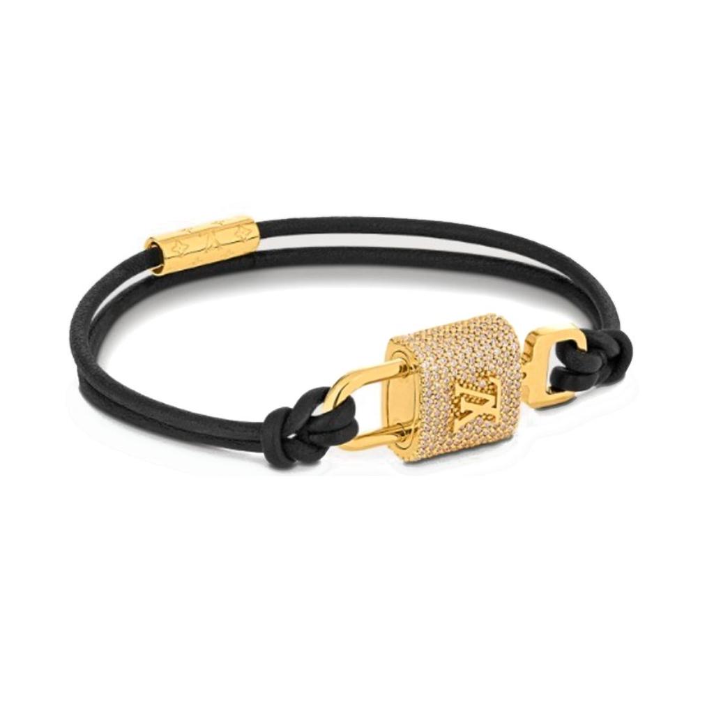 Louis Vuitton Padlock Shaped Leather Crystal Metal Bracelet Women bracelet Black M8217E