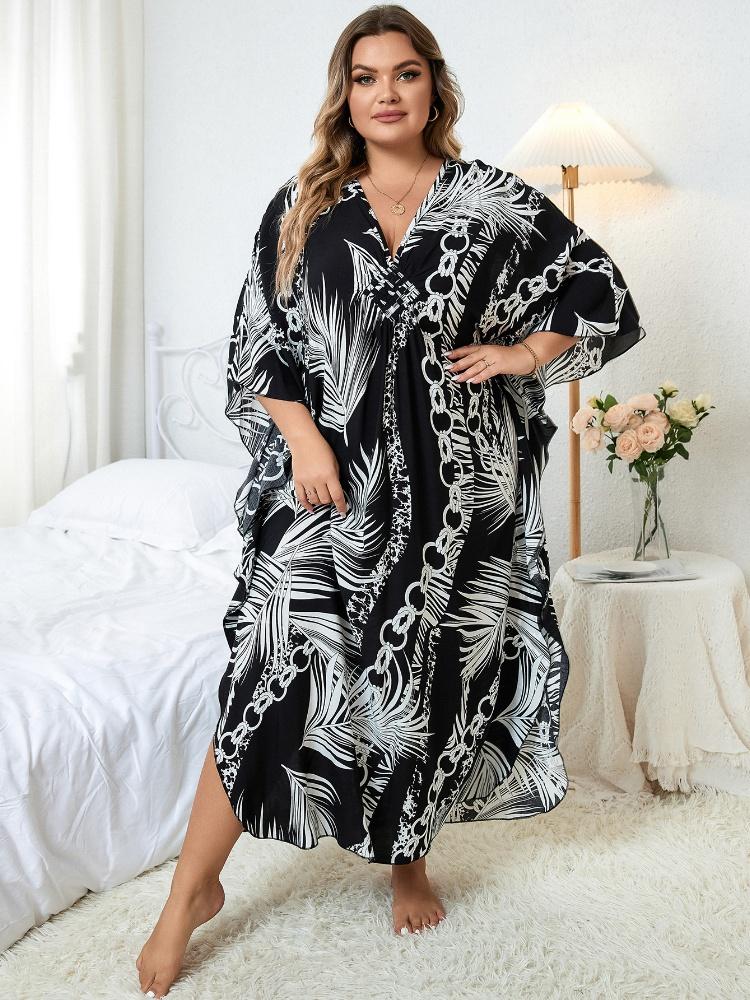 EDOLYNSA Black Kaftan Women's Hot Selling Long Dress Robe Chinese Knot Auspicious Knot V-neck Beach Wear Batwing Sleeve Homewear Q1297