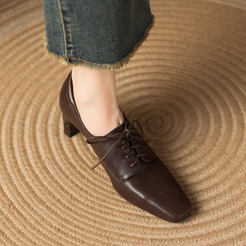 Krazing Pot Sheepskin Spring Summer Size 43 Size 42 Size 41 Chunky Heels Women Square Toe Office Lady Lace Up Pumps