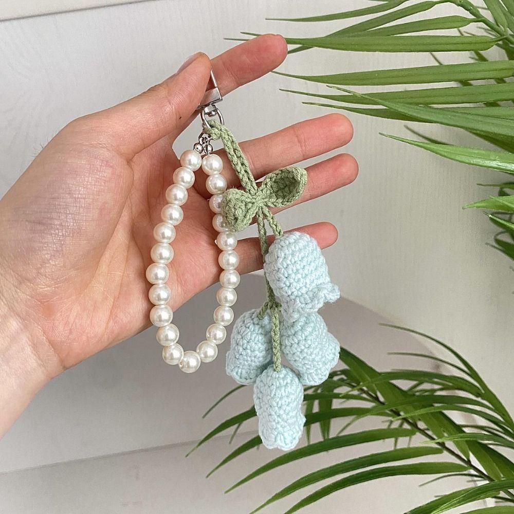 Wool Woven Car Key Chain Light Color Pearl Backpack Pendant Crochet Keychain Backpack Decoration