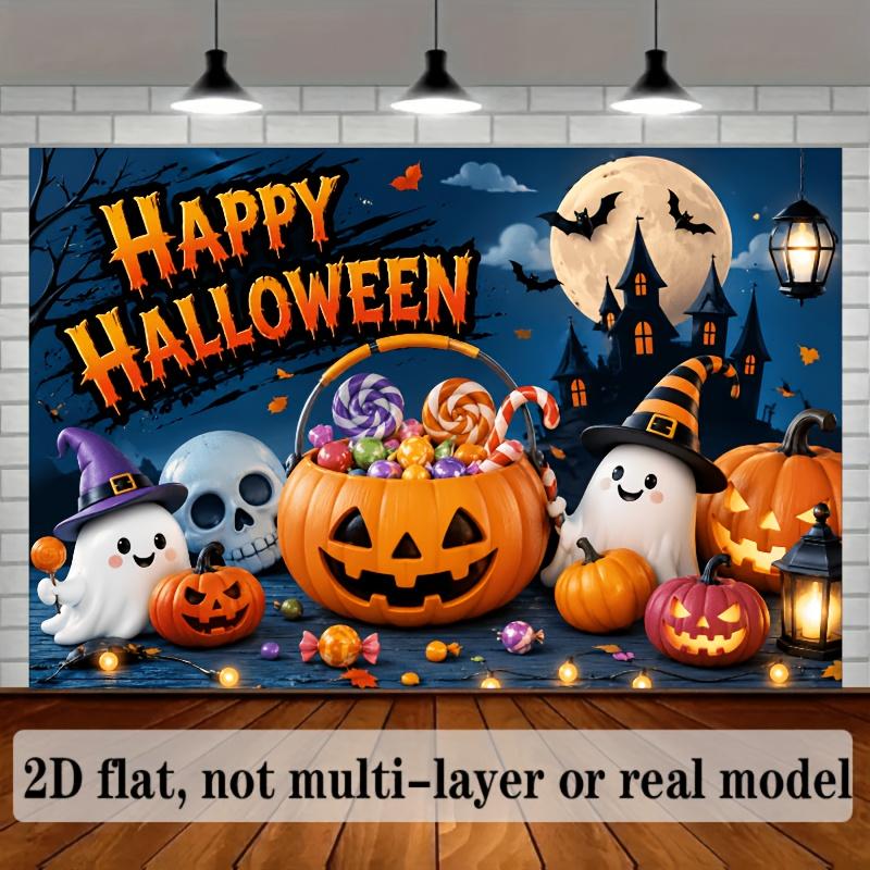 2D flag - Halloween theme party banner background featuring pumpkin lanterns candies ghosts and skulls