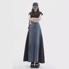 Retro Slim Color-Blocked High-Waist Denim Skirt for Women