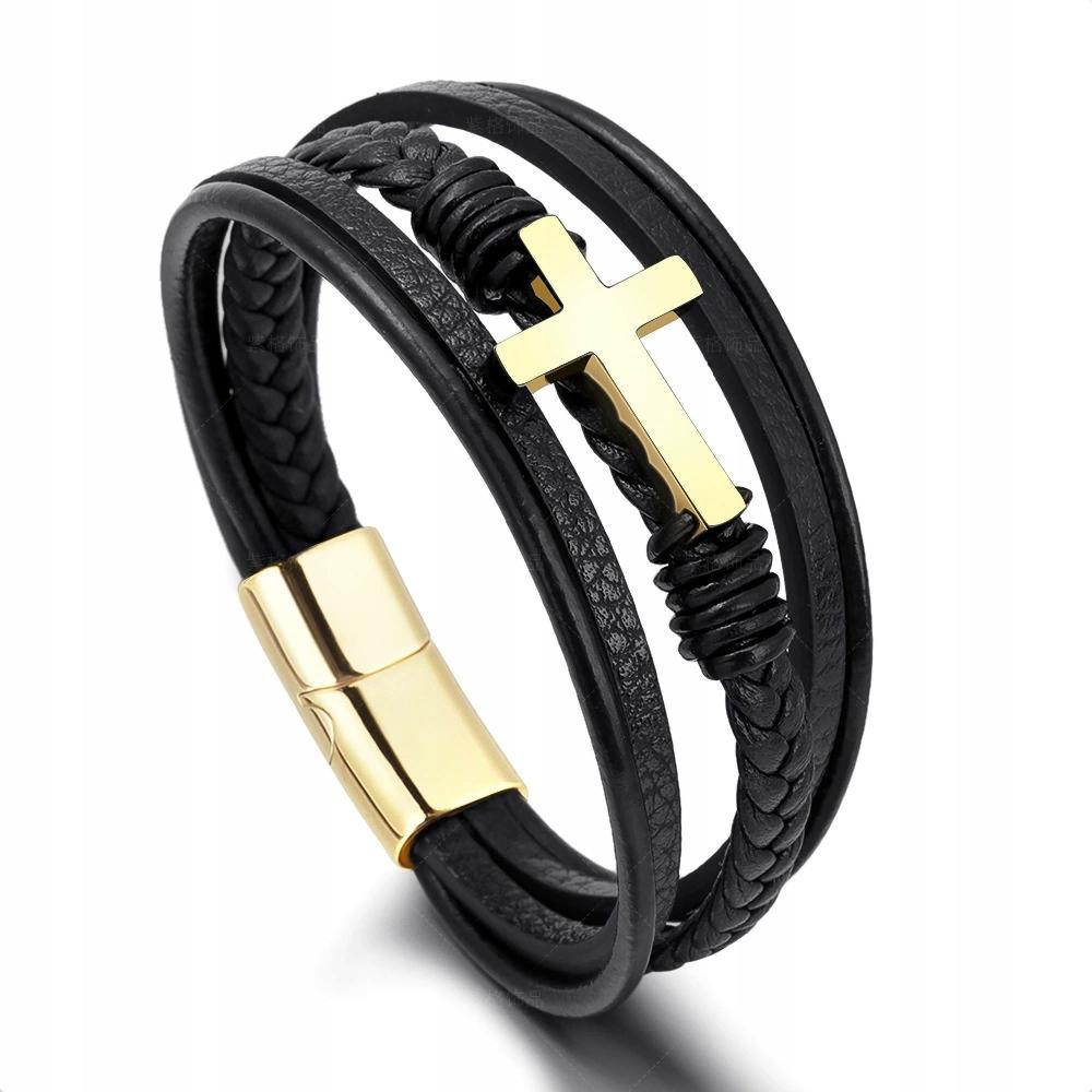 Men's Black Leather Bracelet Braided Silver Cross Surgical Steel