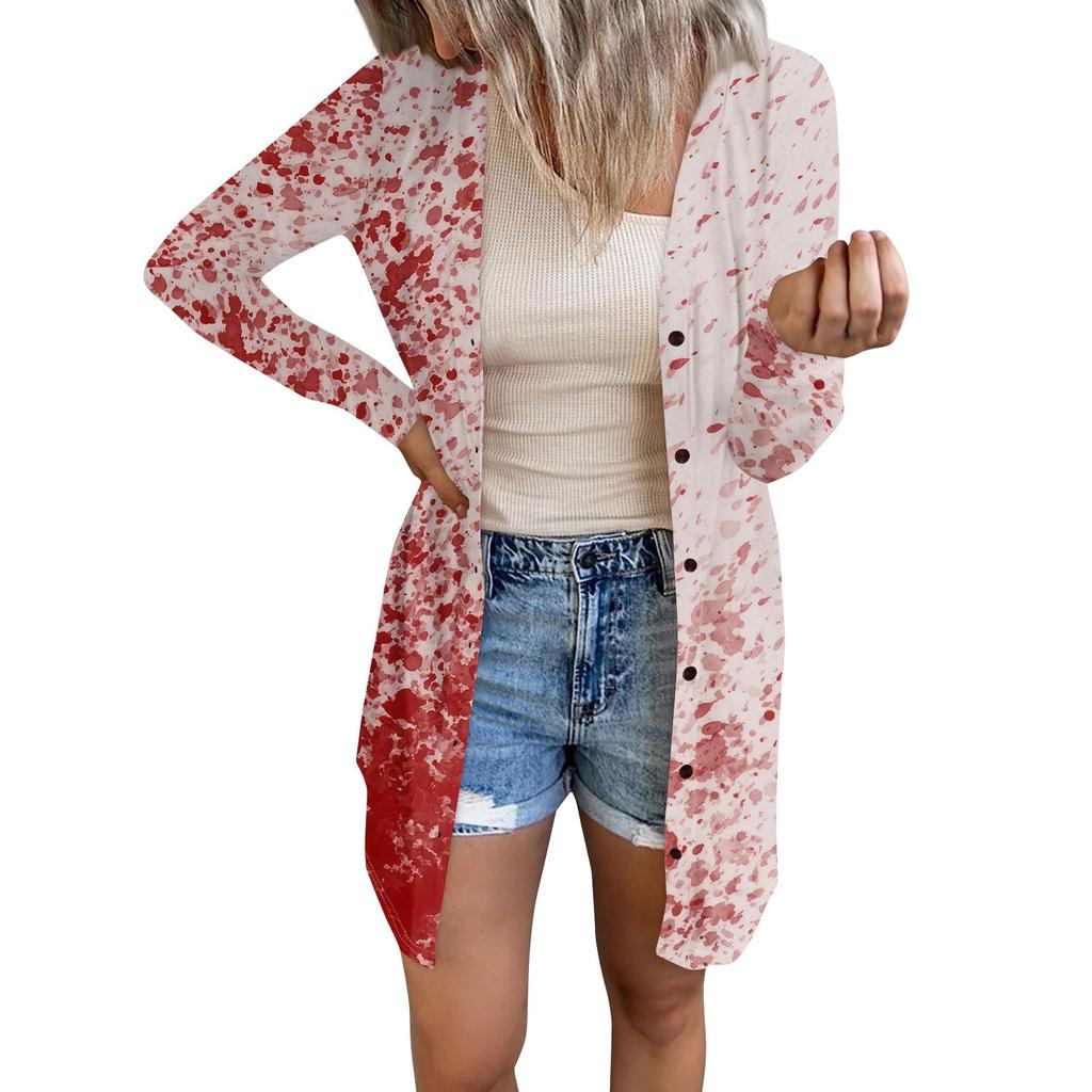 Женская повседневная модная удобная свободная куртка-кардиган с длинным рукавом и принтом на Хэллоуин