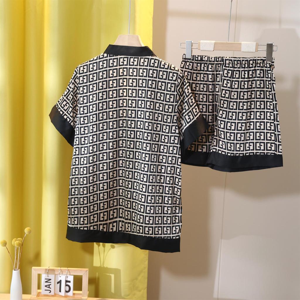 Женский пижамный комплект, роскошные кривые принты, одежда для сна с v-образным вырезом, короткая повседневная домашняя одежда из искусственного шелка, 2 шт., ночная рубашка Femme