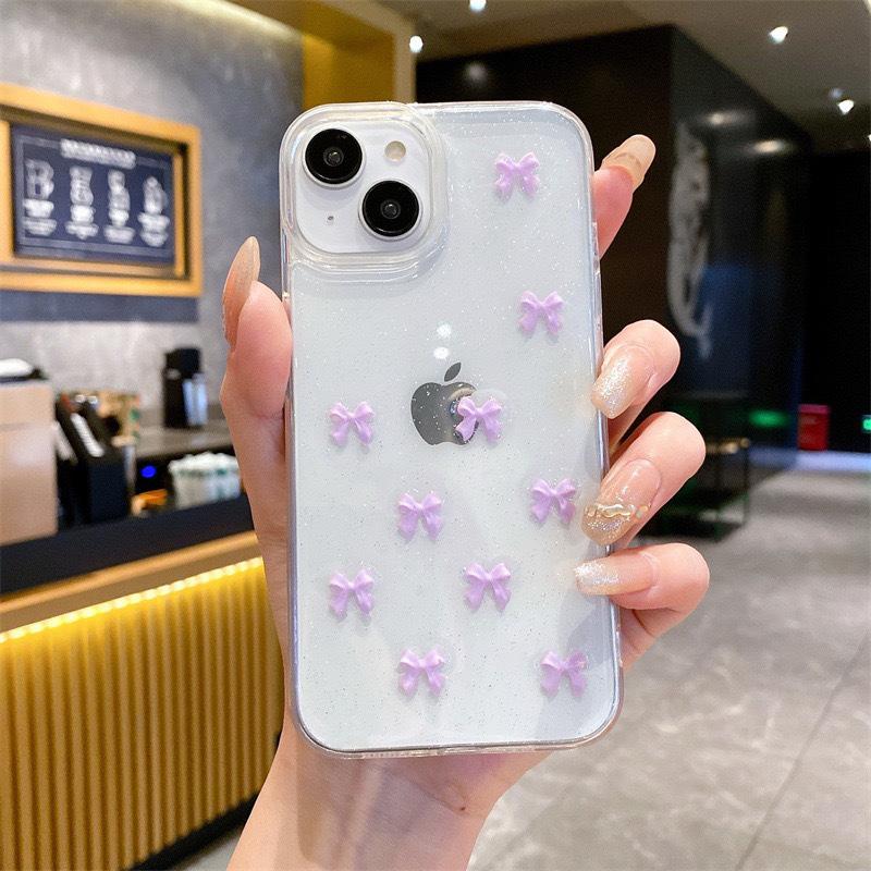 Блестящий Розовый Маленький Бант Чехол для Телефона для IPhone17promax Маленький Свежий Стиль для Apple 16 Прозрачный Противоударный 15