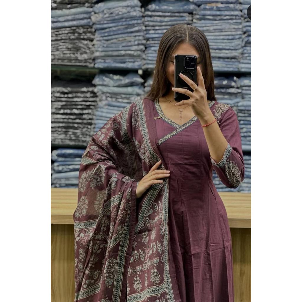 Indian Pure Cotton Anarkali Suit Pakistani Party Wear Kurti Pant Dupatta Set