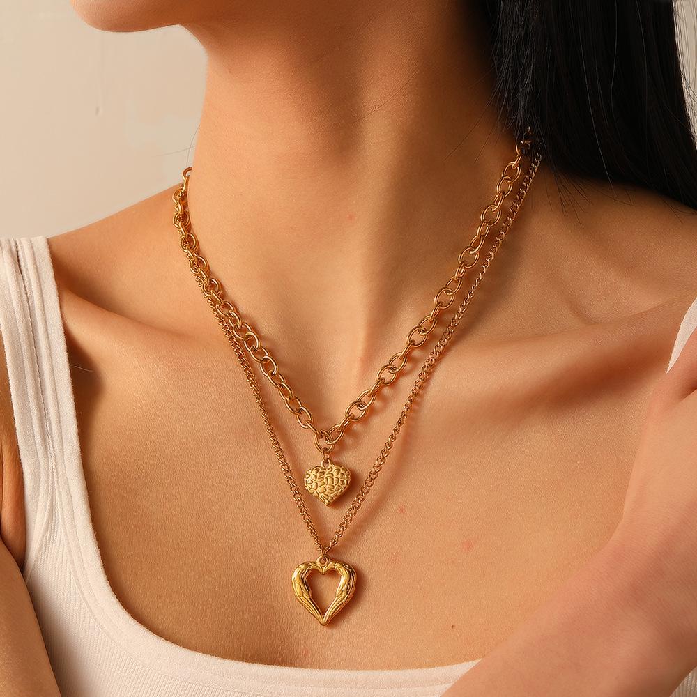 Stainless Steel Double Layer Heart Necklace for Women Gold Plated Textured Pendant Waterproof Romantic Accessory