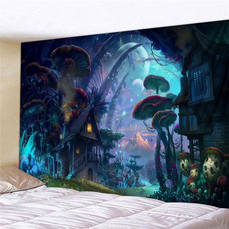 Paradise Wonderland Psychedelic Tapestry Wall Hanging Giant Mushroom House Bohemian Home Decor Wall Hanging Large Tapestry