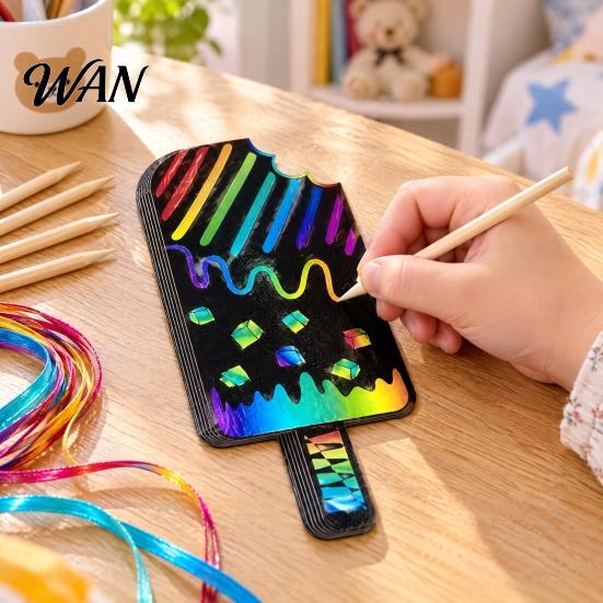 Educational Hands on Toys 12 Pcs Ice Cream Scratch Card, Rainbow Summer Sweet Dessert Card Kit with Kids Craft Activity Sticks And Ribbon, DIY