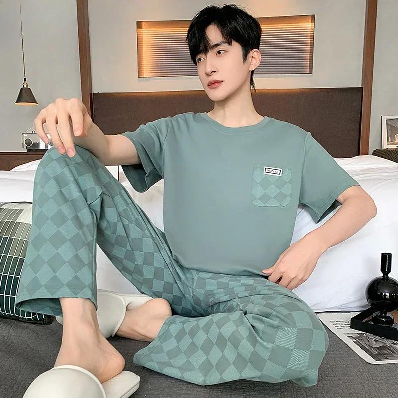 Summer Soft Cotton Pajamas Set for Men Fashion O-neck Pyjamas Short Sleeved Plaid Pants Home Suit