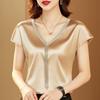 Women Silk Fashion Tops Solid V-neck Tassel Satin Bat Sleeve Blouse For Women Office Lady Loose Plus Size Blouse Blusa 15494