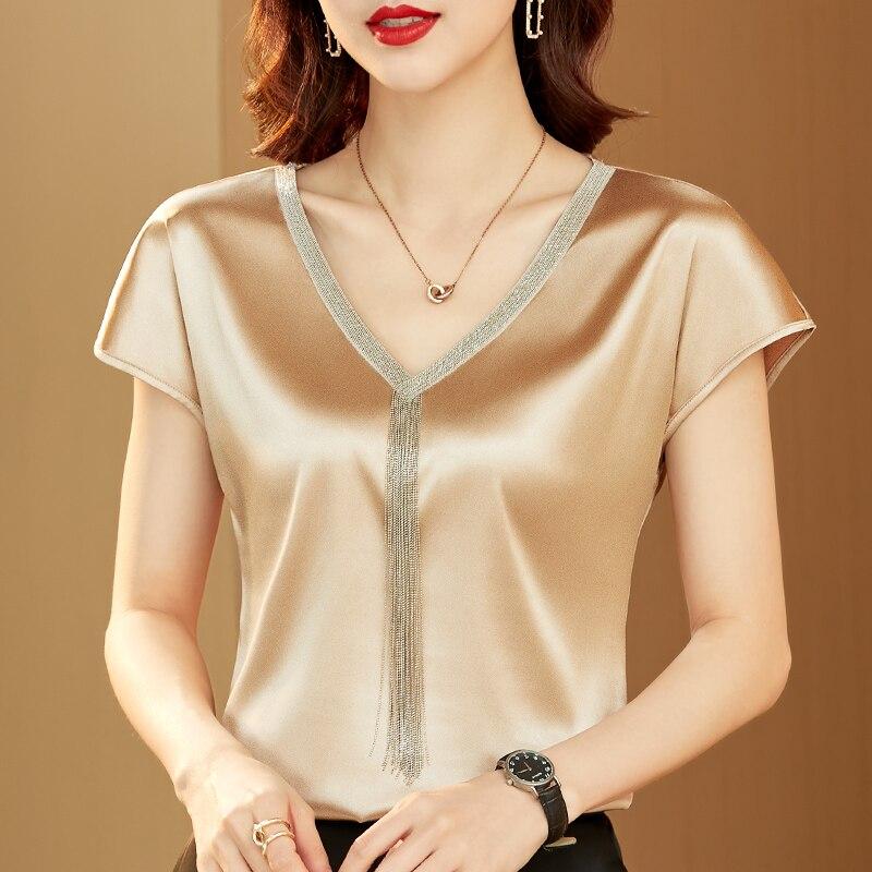 Women Silk Fashion Tops Solid V-neck Tassel Satin Bat Sleeve Blouse For Women Office Lady Loose Plus Size Blouse Blusa 15494