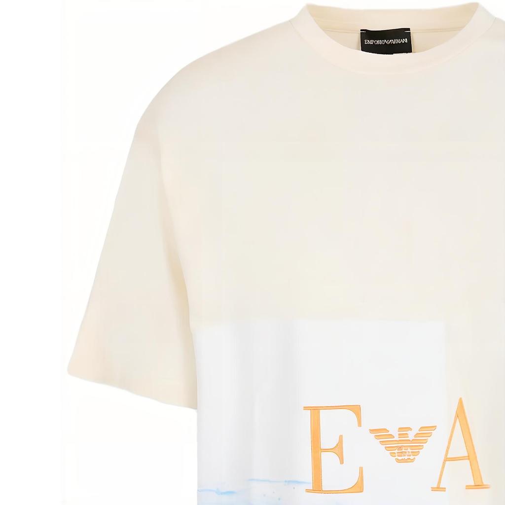 Emporio Armani Мужская хлопковая футболка с коротким рукавом и вышитым логотипом с принтом «Пляж» SS23, топ, теплый белый 3R1T6S-1J38Z-0101