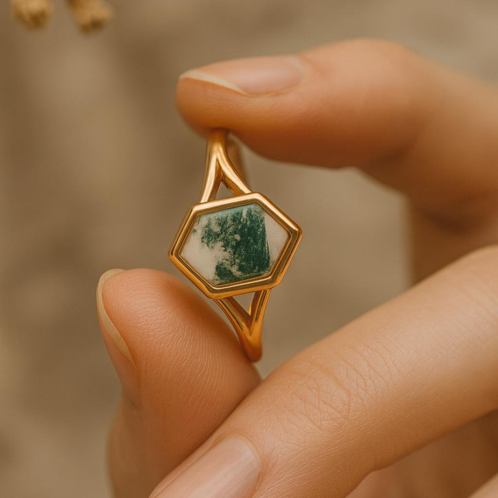 Свадьба Помолвка Юбилей Обещание Подарок – Винтажное кольцо с моховым агатом огранки «шестиугольник», оправа с позолотой из желтого золота, свадебные украшения для женщин