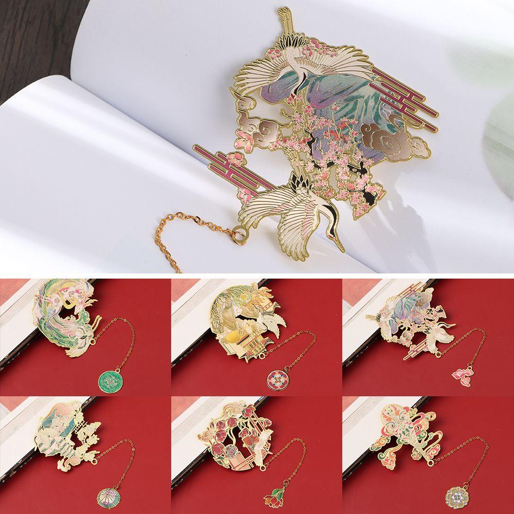Student Gift Chinese style Retro Metal Tassel Painted Pagination Mark Brass Bookmark Book Clip