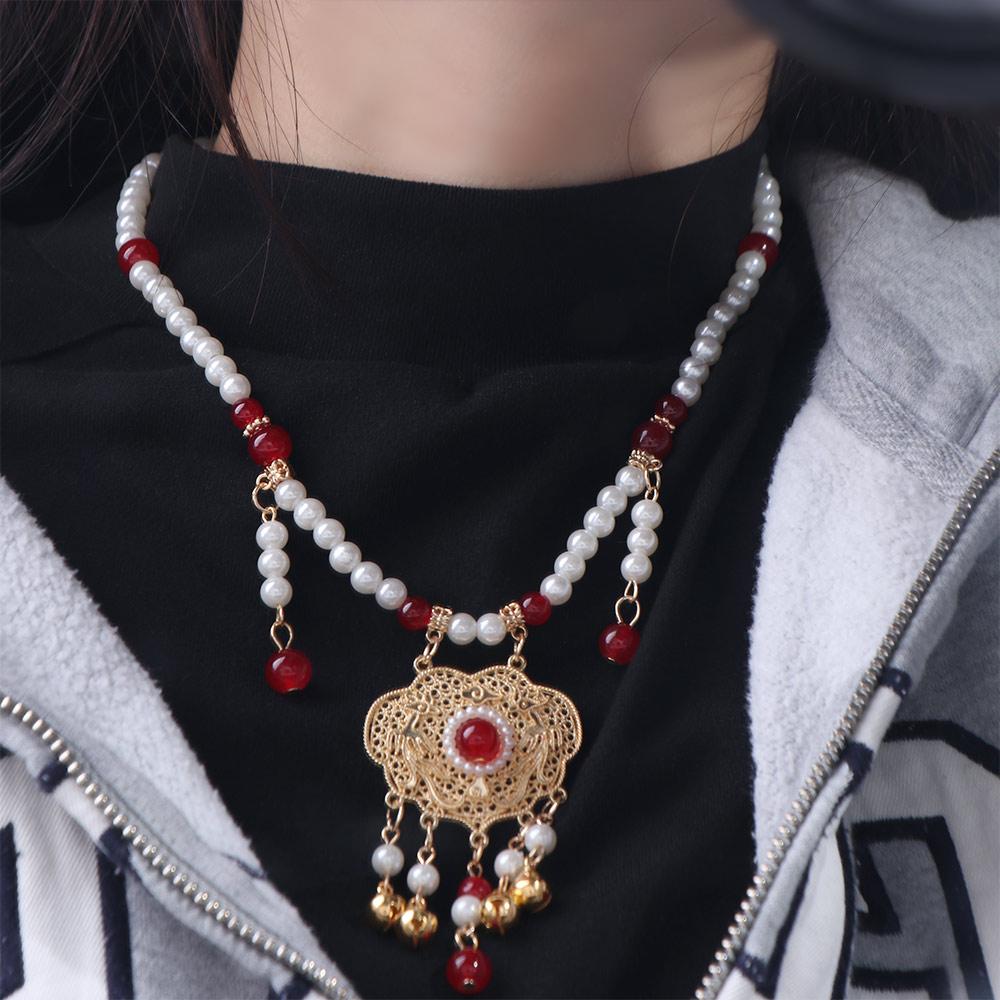 Bead string Hanfu Necklace Chinese Style Pearl Choker Antique Longevity Lock Pendant  Girls