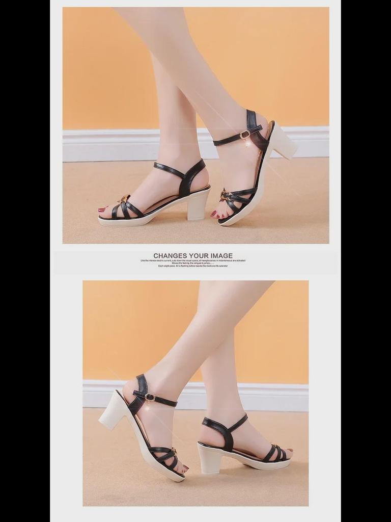 Женские босоножки на высоком каблуке 2021 года — корейский дизайн «рыбий рот» с универсальным римским толстым каблуком