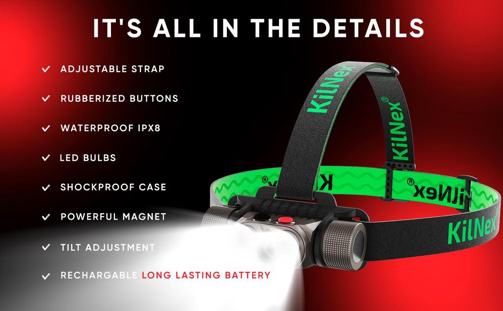Kilnex Многофункциональный цельнометаллический аккумуляторный налобный фонарь Smile LX02 с очень мощным рассеянным красным светом.