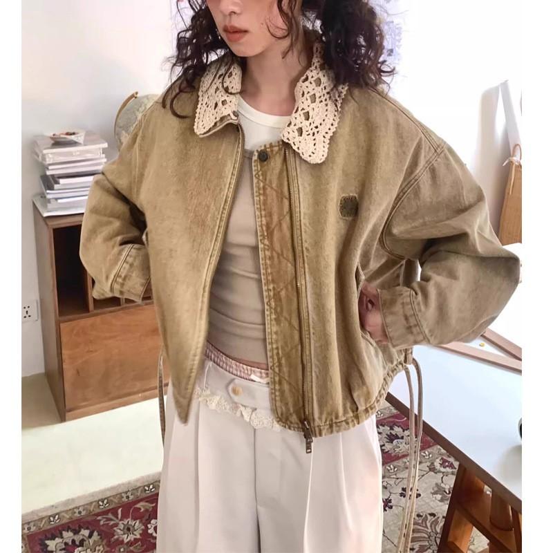 Womens Vintage Khaki Short Cropped Jacket Loose Fit Cotton Blend 2026 Casual Chic Outerwear