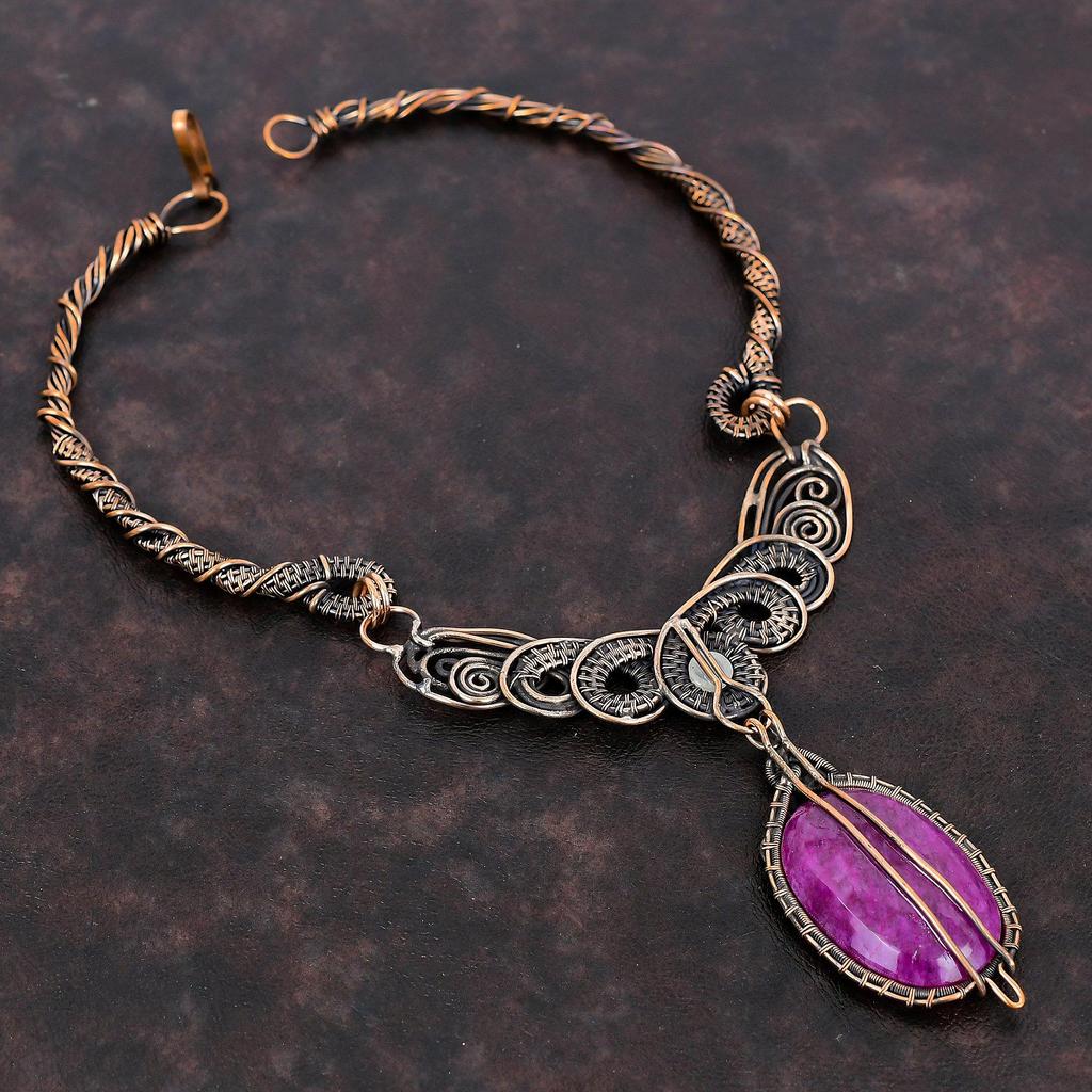 Ожерелье из граненого кашмирского рубина, обернутое медной проволокой, радужное ожерелье из лунного камня, ручная работа, медные украшения, ожерелье из настоящего драгоценного камня, подарок для матери