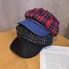 Cotton Retro Twill Spliced Checkered Beret Cap With Curved Brim For Wear Casual