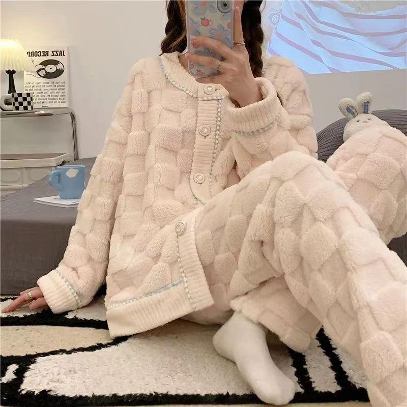 Green White Blue Thickened Coral Fleece Pajamas Set Women Autumn Winter Lounge Home Warm Sleepwear Plus Size Homewear