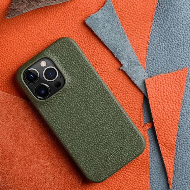MELKCO For iPhone 14 Pro Max Genuine Cow Leather Coated PC Back Case Soft Microfiber Lining Incomplete Cover Phone Case