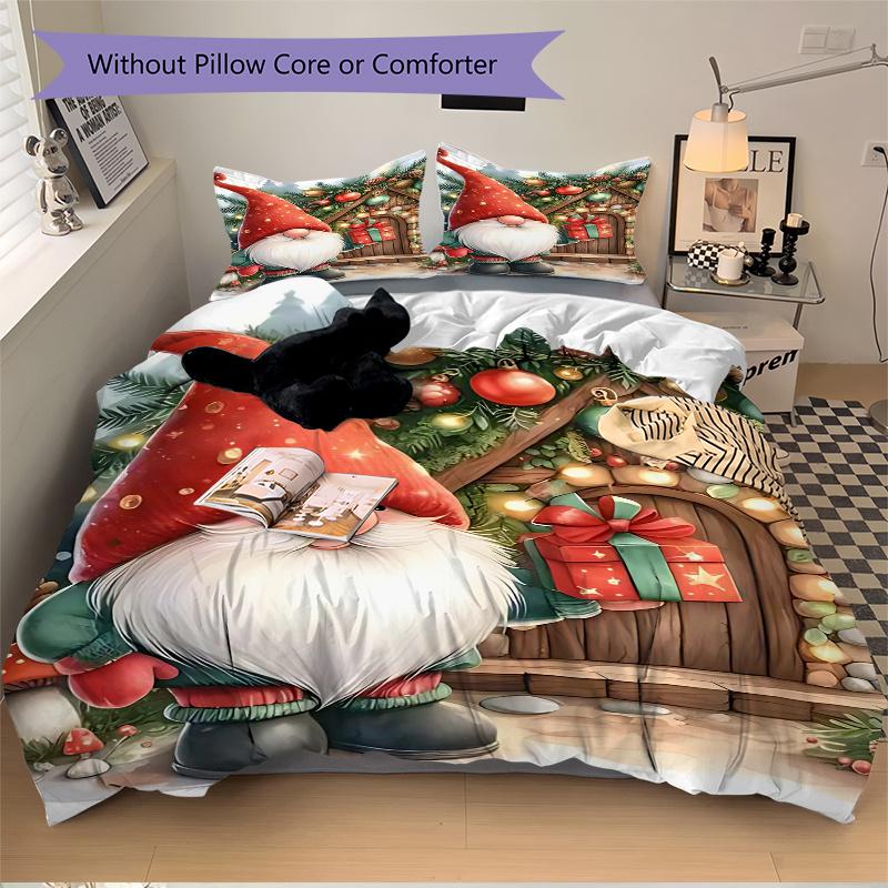 3pcs Christmas Gnome Bedding Set, Includes One Quilt Cover and Two Pillowcases (No Core), Anime Cartoon Design