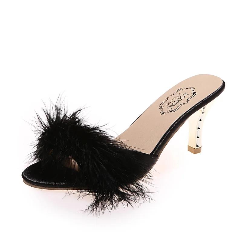 Women's Shoes Summer New Hairy Pionted Toe Women's High Heel Slippers Fashion Dress Party Ladies Slingbacks Mule Shoes